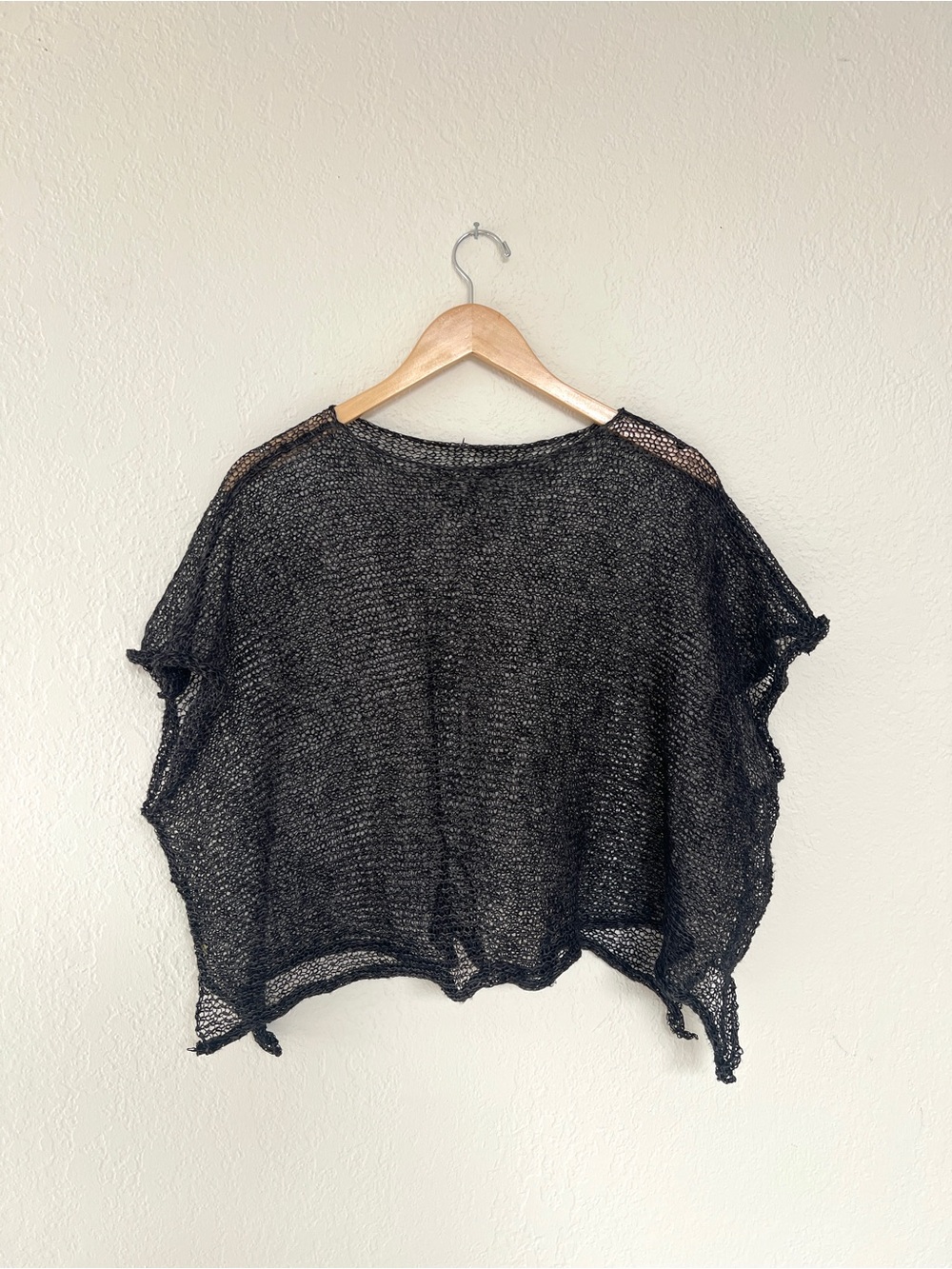 MINIMALIST avant garde black open knit boxy sheer rafia top / OS
